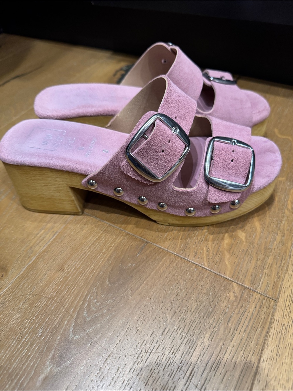 ShuShop Pink Suede Buckle Clog Mules with Stud Accents